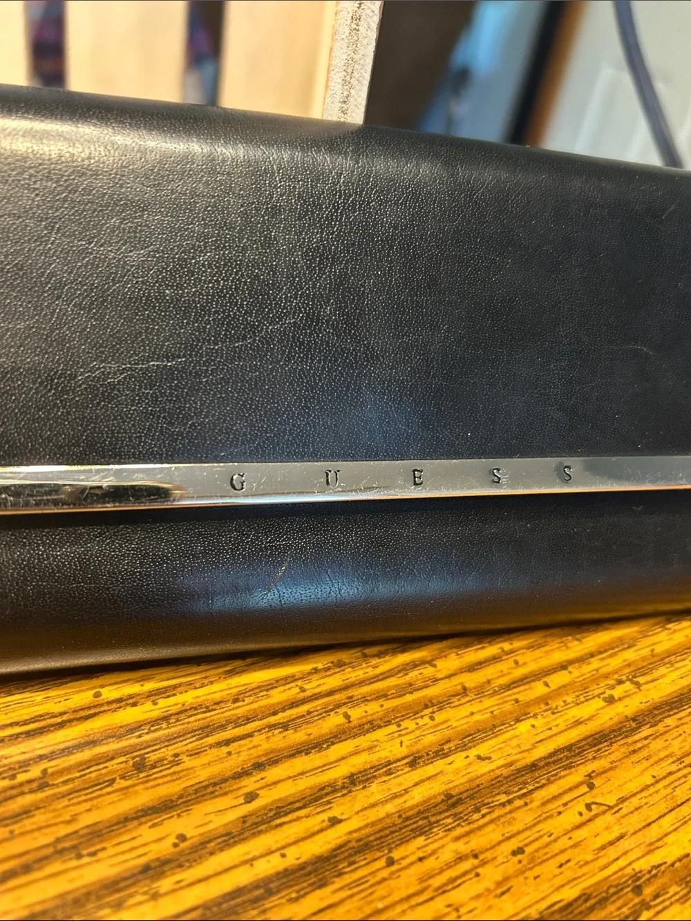 Guess Black Leather Clutch Wallet with Silver Bar Detail